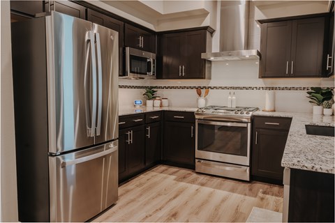 Modern kitchen with stainless gas range, overhead hood, microwave, and refrigerator.