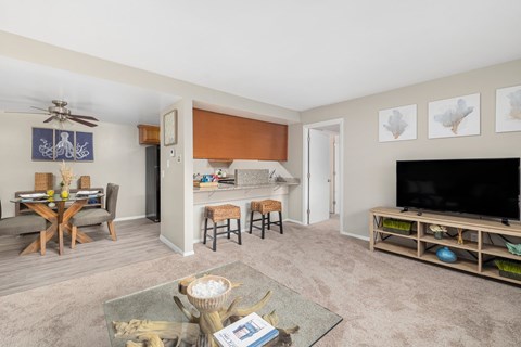A living room with a grey carpet and a black television.