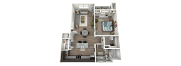 A 3D floor plan of a small apartment with a kitchen, living room, and bedroom.