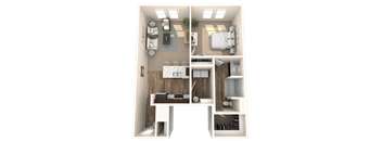 A 3D floor plan of a small apartment with a living room, kitchen, and bedroom.