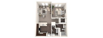a 3d rendering of a floor plan with a bedroom and a living room