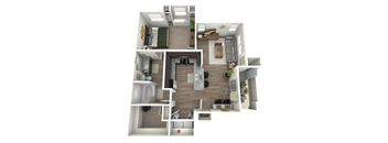 A 3D floor plan of a small apartment with a kitchen, living room, and bathroom.