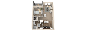 A 3D floor plan of a small apartment with a bedroom, living room, and kitchen.