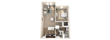 A 3D floor plan of a small apartment with a living room, kitchen, and bedroom.