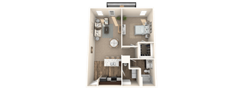 A 3D floor plan of a small apartment with a living room, kitchen, and bedroom.