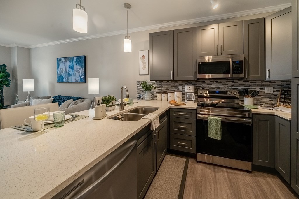 view of kitchen and living room at the reserve at walnut creek apartments