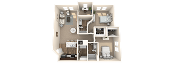 A 3D floor plan of a house with multiple rooms and furniture.