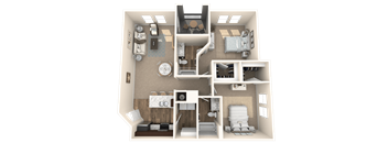 A 3D floor plan of a house with a kitchen, living room, and bedrooms.