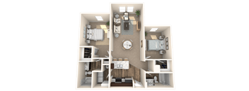 A 3D floor plan of a house showing a living room, kitchen, dining room, and bedrooms.