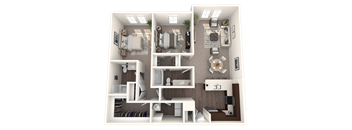 a 3d rendering of a floor plan with a bedroom and a living room