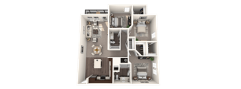 a 3d floor plan of a bedroom with a bathroom and a living room