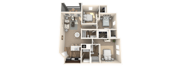 A 3D rendered image of a house layout.