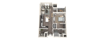A detailed 3D floor plan of a two-bedroom apartment.
