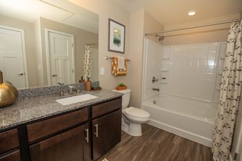 a bathroom with a sink toilet and shower at Level 25 at Cactus by Picerne Apartments, Las Vegas, NV
