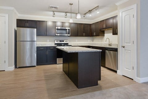 a kitchen with stainless steel appliances and dark cabinets