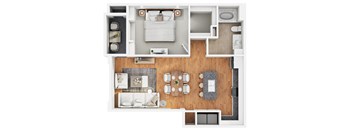a stylized floor plan of a home with a bedroom and living room
