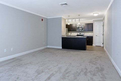 an empty living room with a kitchen in the background