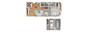 A floor plan of a loft apartment home with two bedrooms, two bathrooms, a living room, a kitchen, and a garage for two cars.