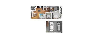 A floor plan of a house with a top view and a bottom view of a car parked in the driveway.