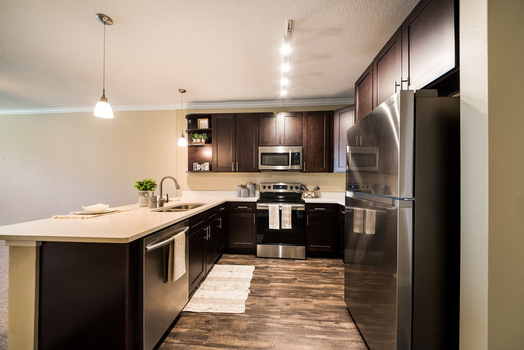 a kitchen with stainless steel appliances and wooden cabinets at The Oasis at Highwoods Preserve, Tampa, FL, 33647