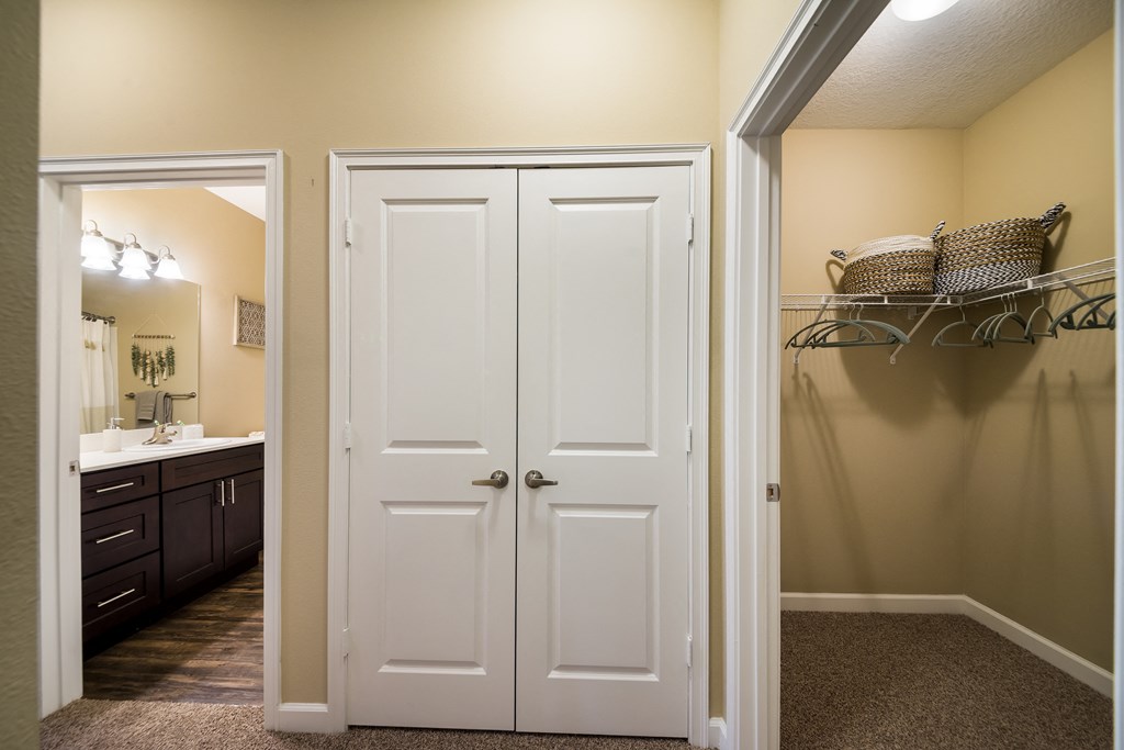 a bathroom with a closet and a sink and a mirror at The Oasis at Highwoods Preserve, Tampa, FL