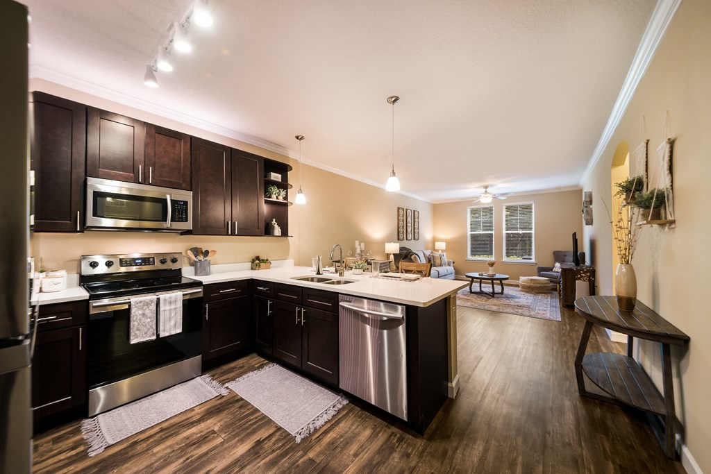 a kitchen and living room with dark wood cabinets and stainless steel appliances at The Oasis at Highwoods Preserve, Tampa