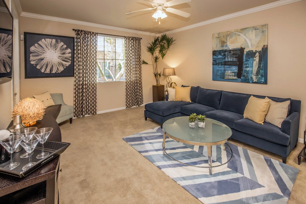 living room with a couch, coffee table and large rug