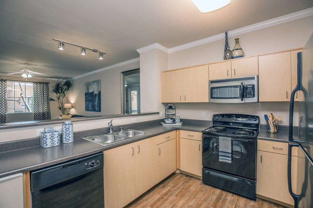 Light wood kitchen with black appliances