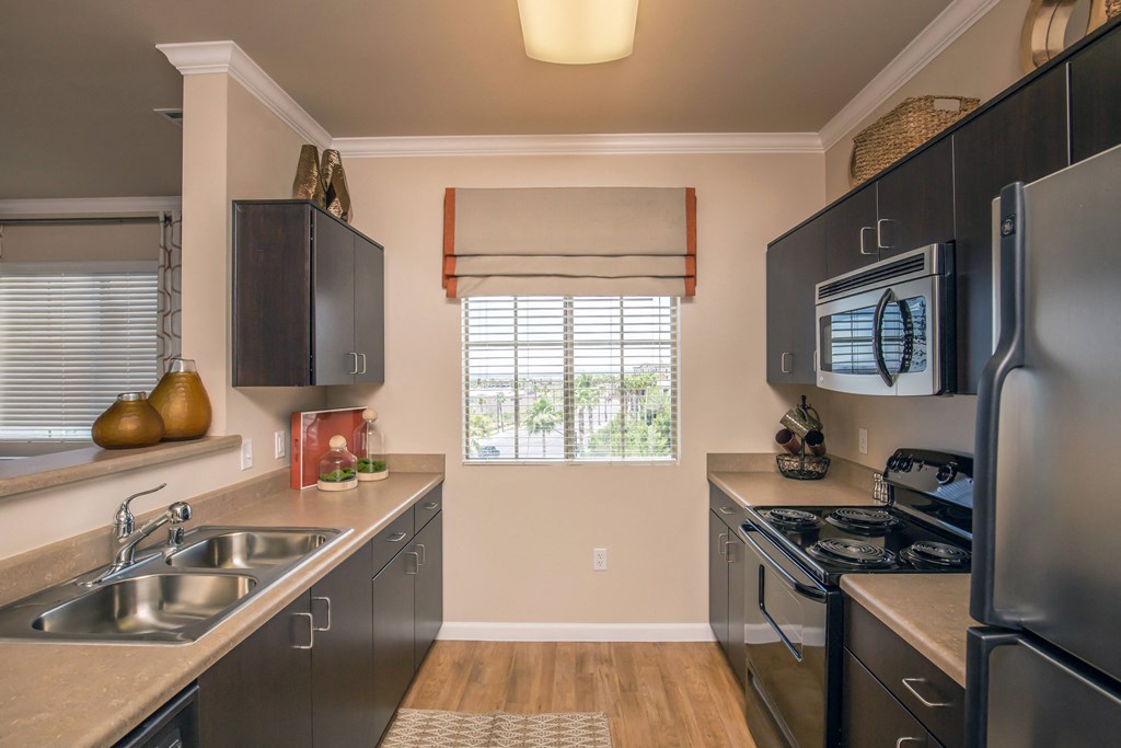 a kitchen with stainless steel appliances and black cabinets