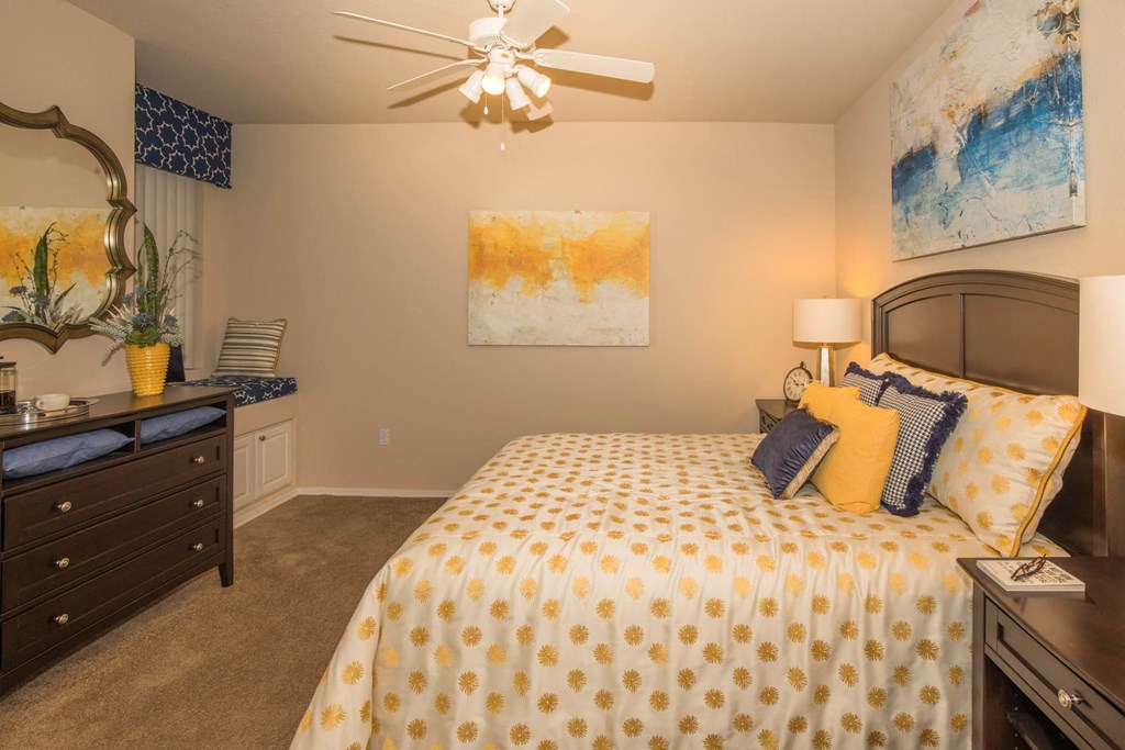 Bedroom with yellow light at The Aliante by Picerne, Scottsdale