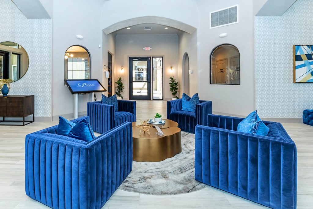 blue sofa decorat The Paseo by Picerne, Goodyear, 85395