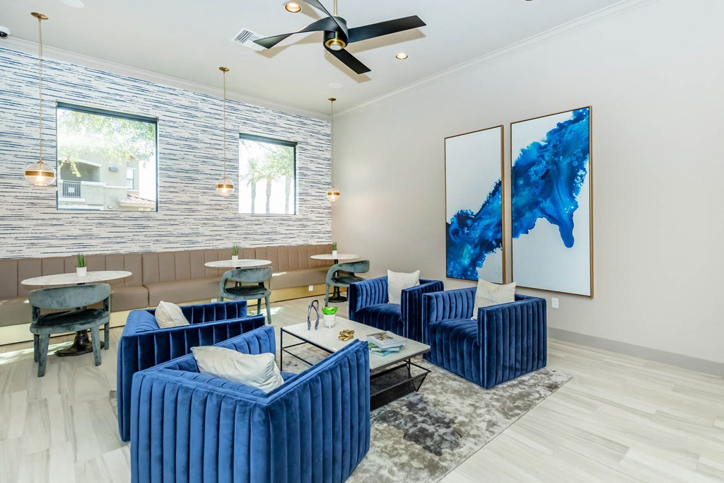 blue sofa at The Paseo by Picerne, Goodyear, AZ