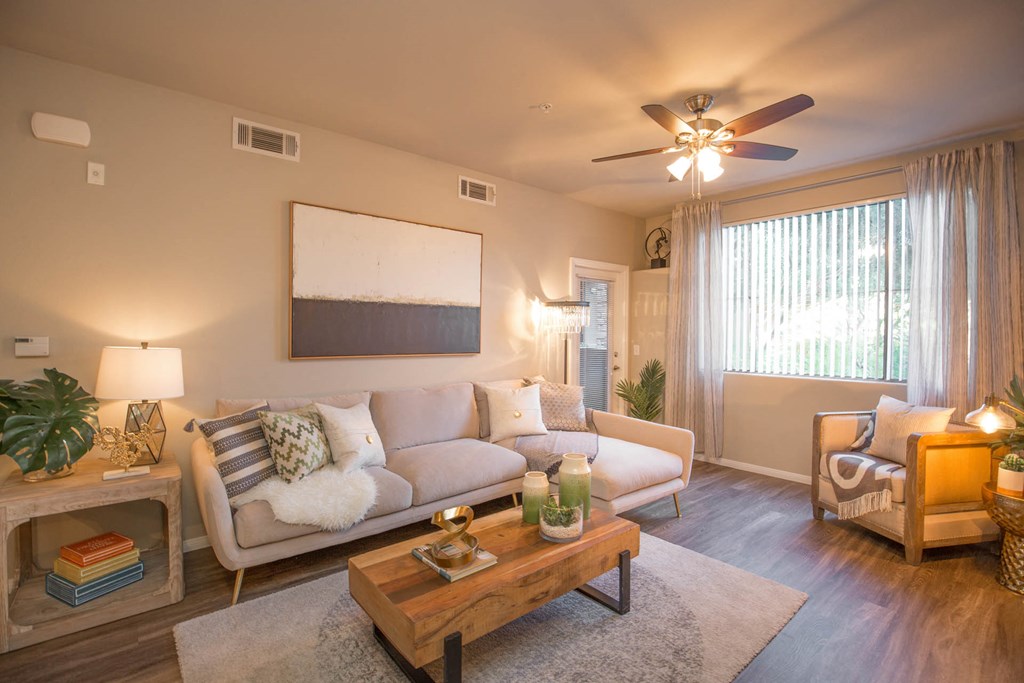 Living Room With Ceiling Fan at The Pavilions by Picerne, Las Vegas, Nevada