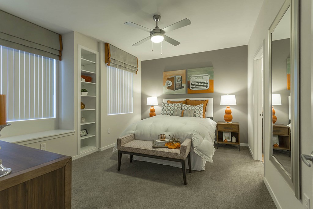 Bedroom decor with lamps with ceiling fan and lightat The View at Horizon Ridge, Henderson
