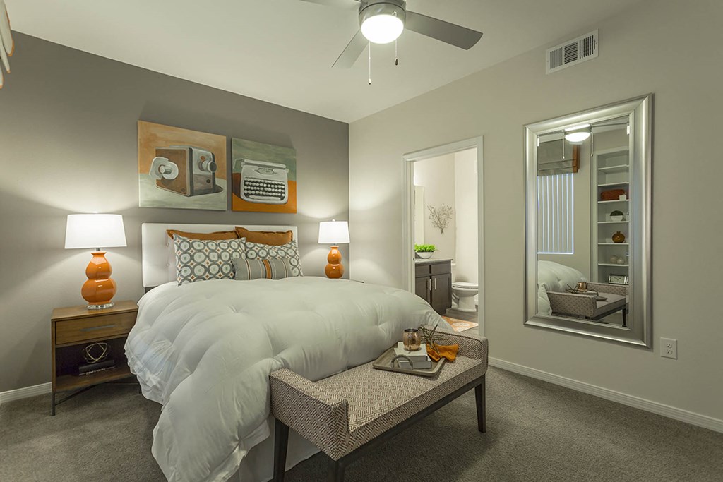 Bedroom decor with lamps with ceiling fan at The View at Horizon Ridge, Henderson, Nevada