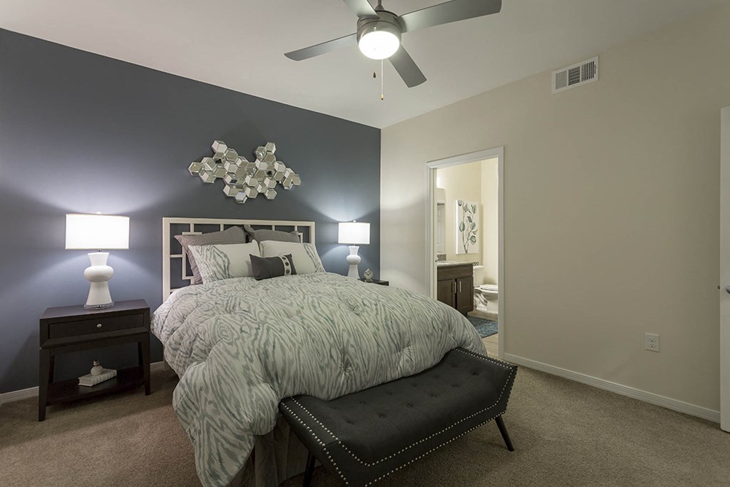 Bedroom with bed and ceiling fan at The View at Horizon Ridge, Nevada