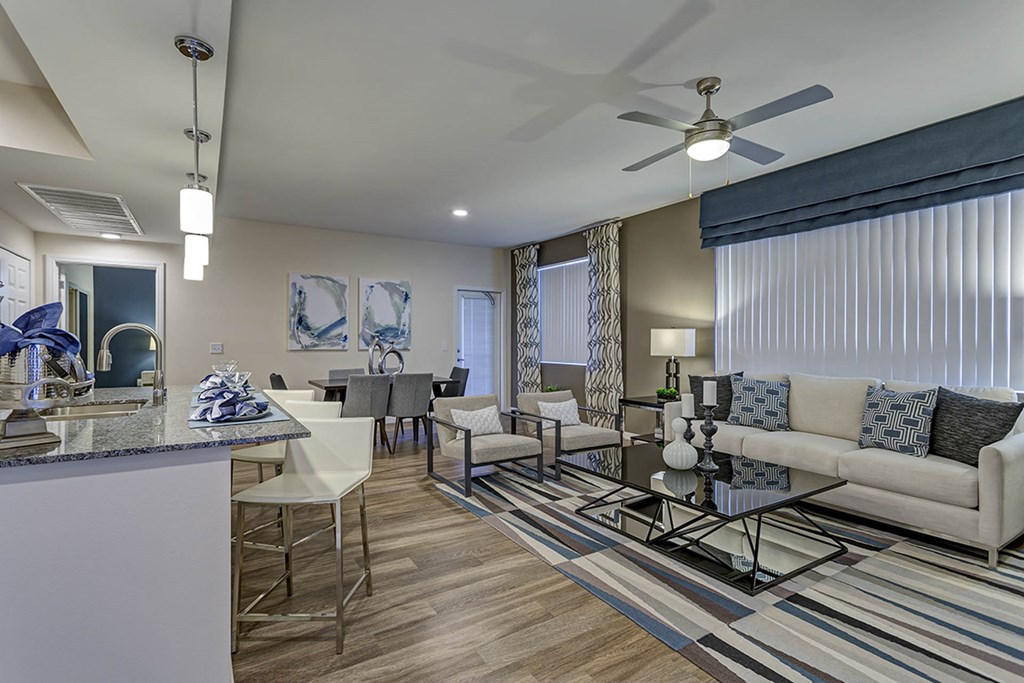 Living room with modern kitchen 1 at The View at Horizon Ridge, Henderson, Nevada