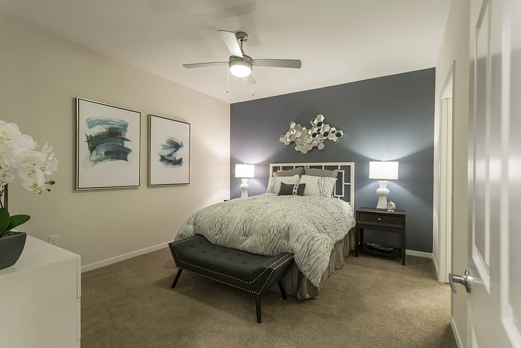 Bedroom with lamps for decor at The View at Horizon Ridge, Henderson, NV, 89012