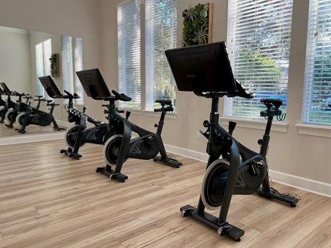 A room with a row of stationary bikes.