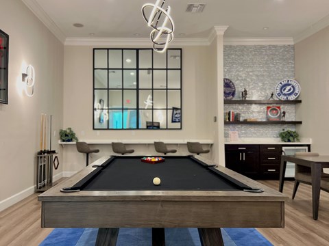 A pool table is in the middle of a room with a blue rug.