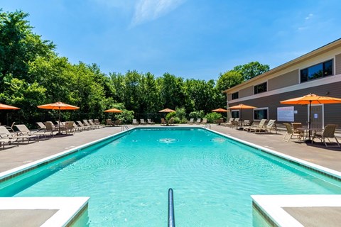 A large swimming pool surrounded by lounge chairs and umbrellas.
