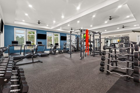 A spacious home gym with a variety of equipment.