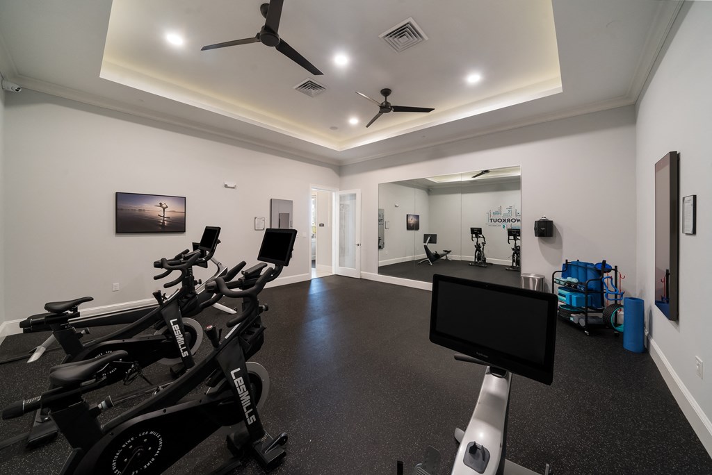 a gym with weights and cardio machines and a tv