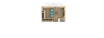 a rendering of a 1 bedroom unit with a bathroom and a living room