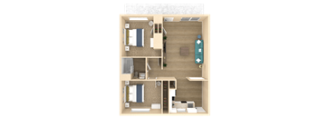 a 3d rendering of a room with a bedroom and a bathroom