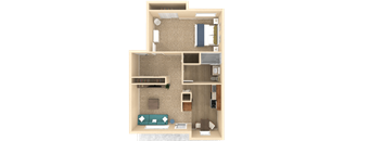a 3d rendering of a furnished apartment with a bedroom and a living room