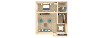 a 3d rendering of a furnished floor plan with a bedroom and living room