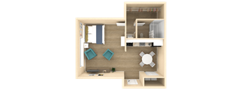 a 3d rendering of a bedroom with a living room and a dining room
