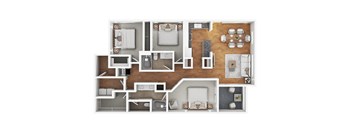 A top-down view of a house layout with a kitchen, living room, and bedrooms.