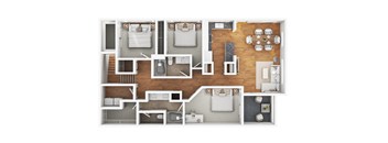 A top-down view of a house layout with multiple rooms and furniture.